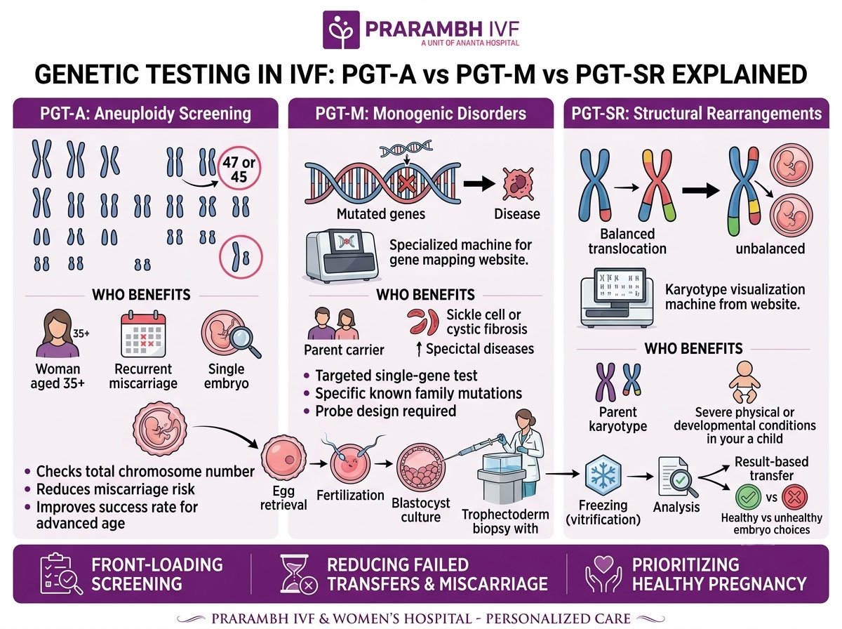 Genetic Testing in IVF: PGT-A vs PGT-M vs PGT-SR Explained Simply